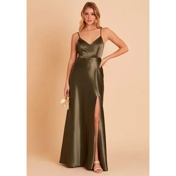 Birdy Grey | Dresses | Birdie Grey Olive Green Shiny Satin Jay Gown Fit And  Flare With Leg Slit Xl | Poshmark